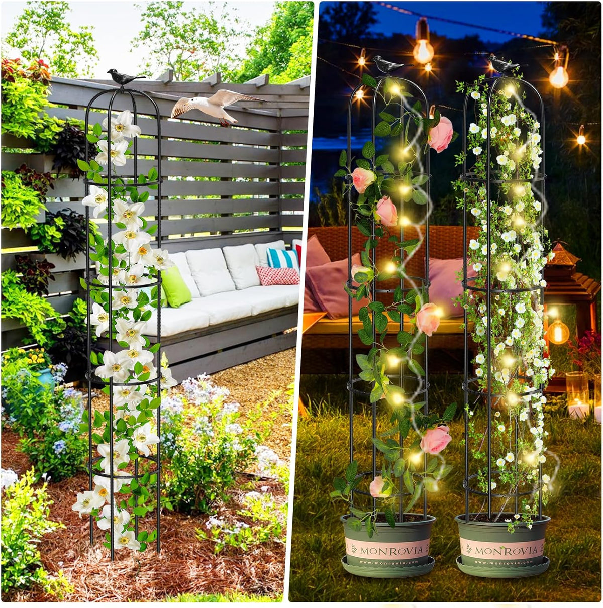 Tower Obelisk Garden Trellis for Climbing Plant，73.6inch Rustproof Metal Potted Plant Climbing Support for Indoor Outdoor Flowers Vegetable Fruits Vines Support (2Pcs)