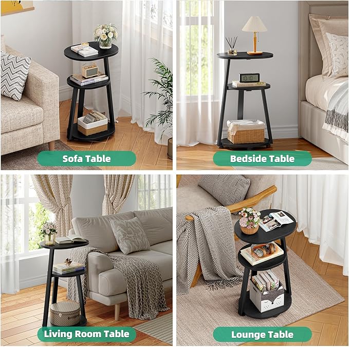 Side Table, Small End Table with Metal Frame, 3-Tier Bedside Tables, Round Side Tables for Living Room Bedroom Couch Bathroom, Oval, Pure Black