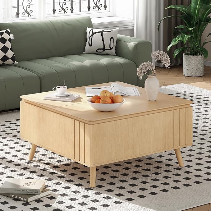 36.2" Lift Top Coffee Table with Storage, Large Square Coffee Tables with Hidden Compartment, Mid Century Modern Center Table for Home Office,Living Room,Oak