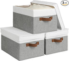 StorageWorks Large Storage Bins with Lids, Decorative Storage Boxes with Lid and PU Handles, Foldable Storage Baskets for Closet, Shelves, Stackable, Grey and White, 3-Pack