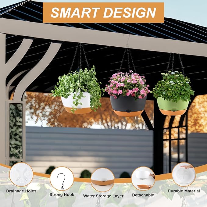 KPUVX 8/10/12 inch Hanging Planters for Indoor Outdoor Plants with Self-Watering Pots, 3 Pack Plastic Hanging Basket with Removable Tray for Home Garden Porch Balcony Patio Decor(White)