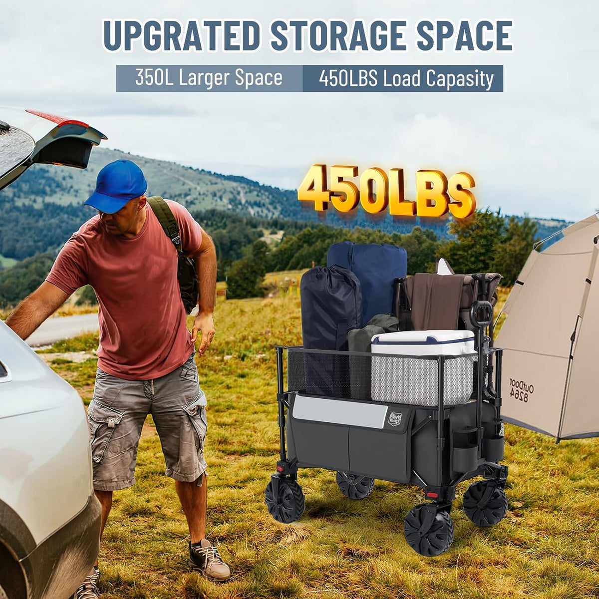 TIMBER RIDGE Foldable Wagon 350L Extendable Height, Large Capasity Collapsible Wagon Cart with All Terrians Detachable Wheels, Compact Folding Utility Wagon for Camping, Fishing, Shopping Grey