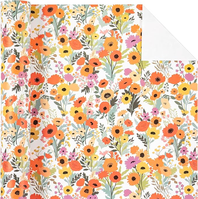 WRAPAHOLIC Kraft Floral Wrapping Paper Roll - Mini Roll - 17 Inch x 16.5 Feet - Bright Summer Flower Wrapping Paper, Perfect for Wedding, Birthday, Bridal Shower, Tea Party