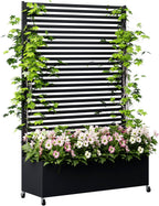 Metal Planter Box with Trellis Privacy Screen, Raised Garden Bed with Trellis & Wheels, Privacy Planters for Patio, Planter Box with Drainage Holes for Climbing Plants, Flower, 73"x 47"x 16", Black