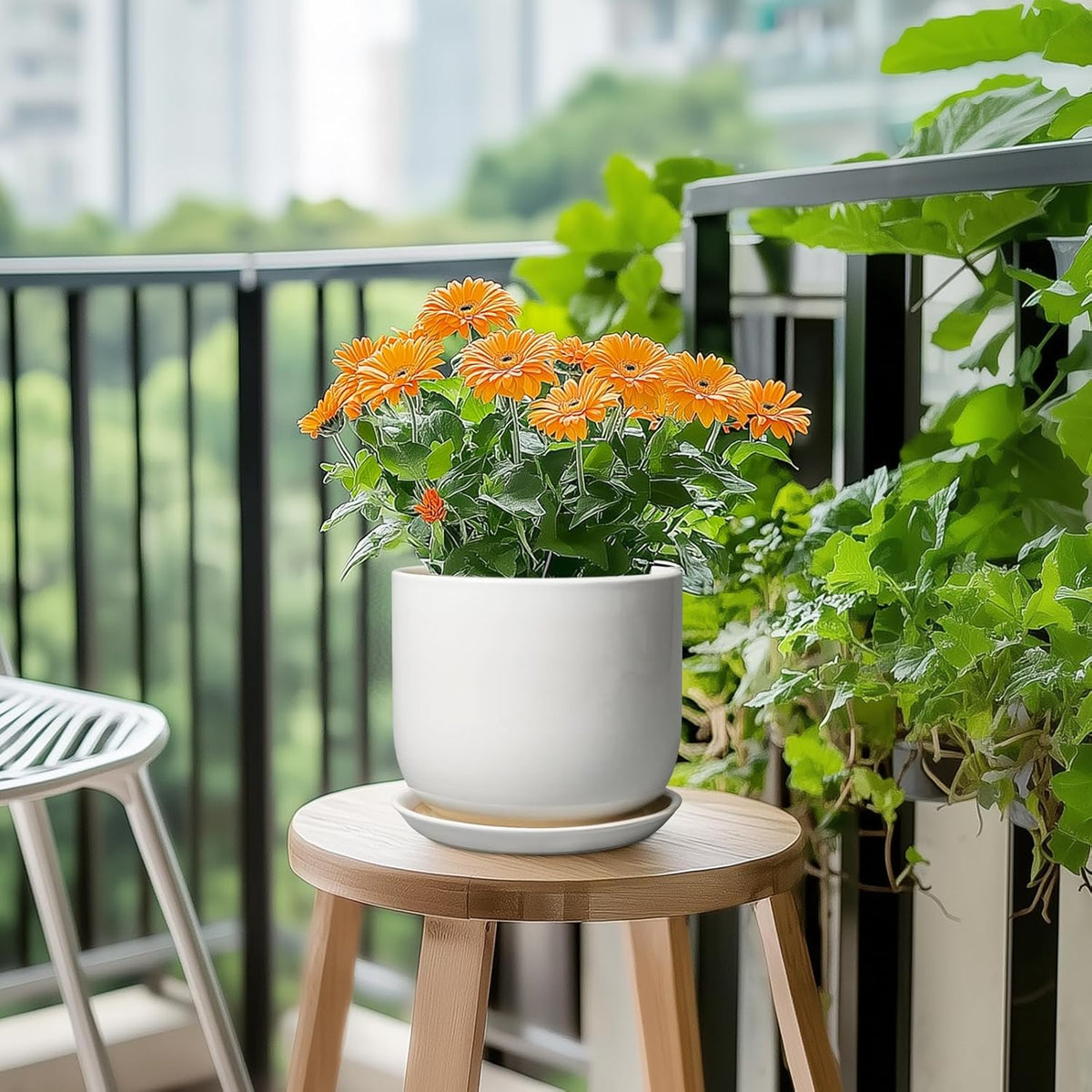 Ceramic Pot for Plants 7 Inch - Modern Round Indoor Outdoor Planter with Drainage Hole and Saucer, Home House Office Room Decor, White