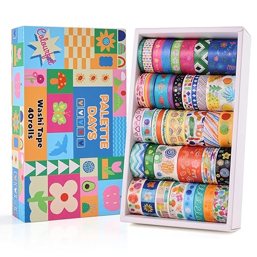 emmoolife 40 Rolls Washi Tape Set, Vibrant Color Palette-Themed Cute Decorative Tapes for Scrapbooking, Bullet Journaling, Junk Journal Supplies, DIY Planner Art, 5-30mm Wide
