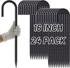 AAGUT 16 Inches 24 Pack Rebar Staks J Hook 3/8” Ground Stakes Heavy Duty with Chisel Point End for Camping Tent, Chain Link Fence, Outdoor Decorations, Inflatables, Black Coated