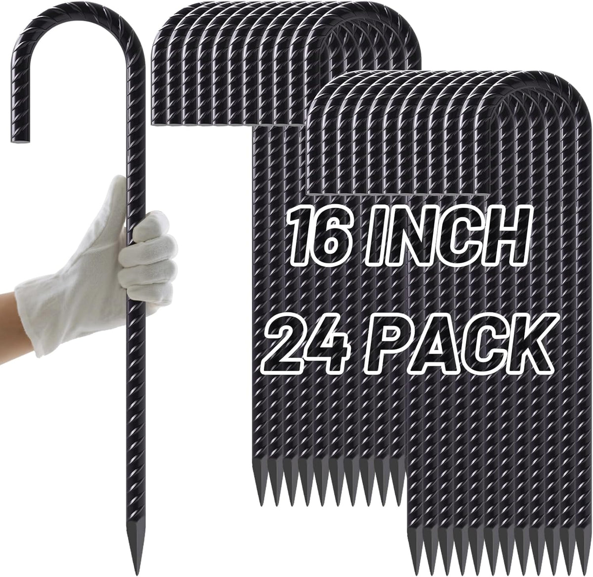 AAGUT 16 Inches 24 Pack Rebar Staks J Hook 3/8” Ground Stakes Heavy Duty with Chisel Point End for Camping Tent, Chain Link Fence, Outdoor Decorations, Inflatables, Black Coated
