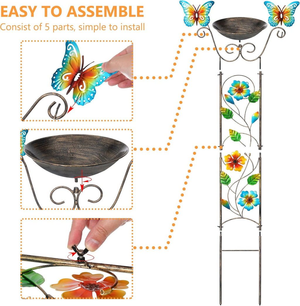 LEWIS&WAYNE Garden Trellis Bird Bath Outdoor, 40 Inch Antique Iron Garden Plant Trellis Decorative with Floral-Butterflies and Detachable Drinking Basin Bowl, Free Standing BirdBath Birdfeeder Station