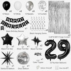 29th Birthday Decorations for Men Women, Black Silver Happy Birthday Party Decorations， 29 Year Old Party Supplies with Number 29 Balloons, Banner, Fringe Curtains Kit