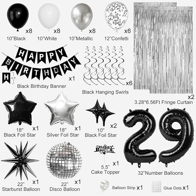29th Birthday Decorations for Men Women, Black Silver Happy Birthday Party Decorations， 29 Year Old Party Supplies with Number 29 Balloons, Banner, Fringe Curtains Kit