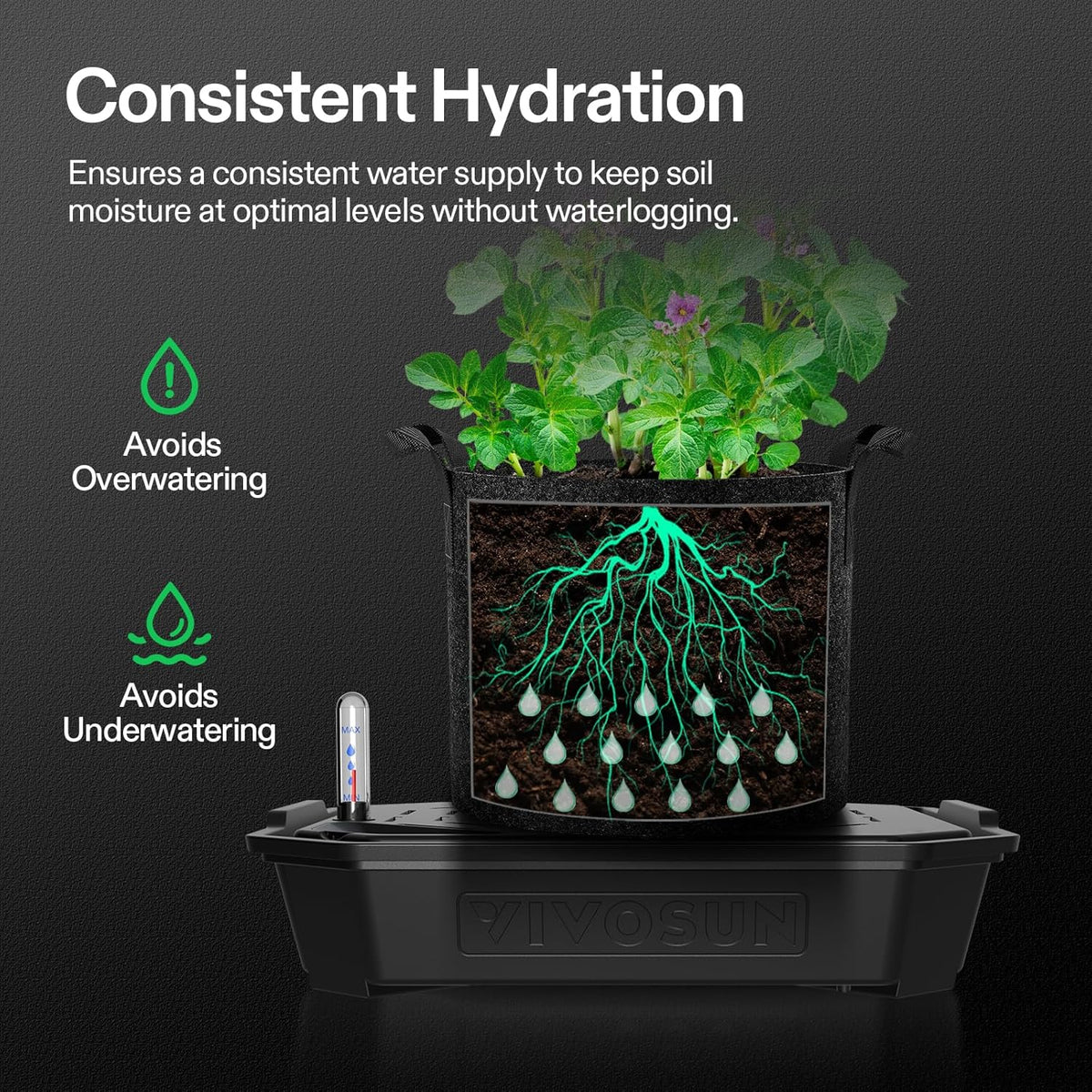 VIVOSUN 4-Pack FlexFeed Self-Watering Pots with Grow Bags, Auto Irrigation Fabric Pot Base with Water Meter & Maintenance Window, for Use Indoors/Outdoors in Grow Tents, Greenhouses, Gardens