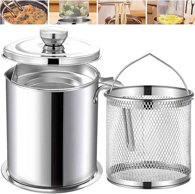Chihee Grease Container Deep Fryer 2 in 1 Stainless Steel Bacon Grease Saver with Fine Mesh Strainer Fry Basket 2L / 67.6 fl oz Oil Container Grease Can with Lid Tray for Kitchen Storing Frying