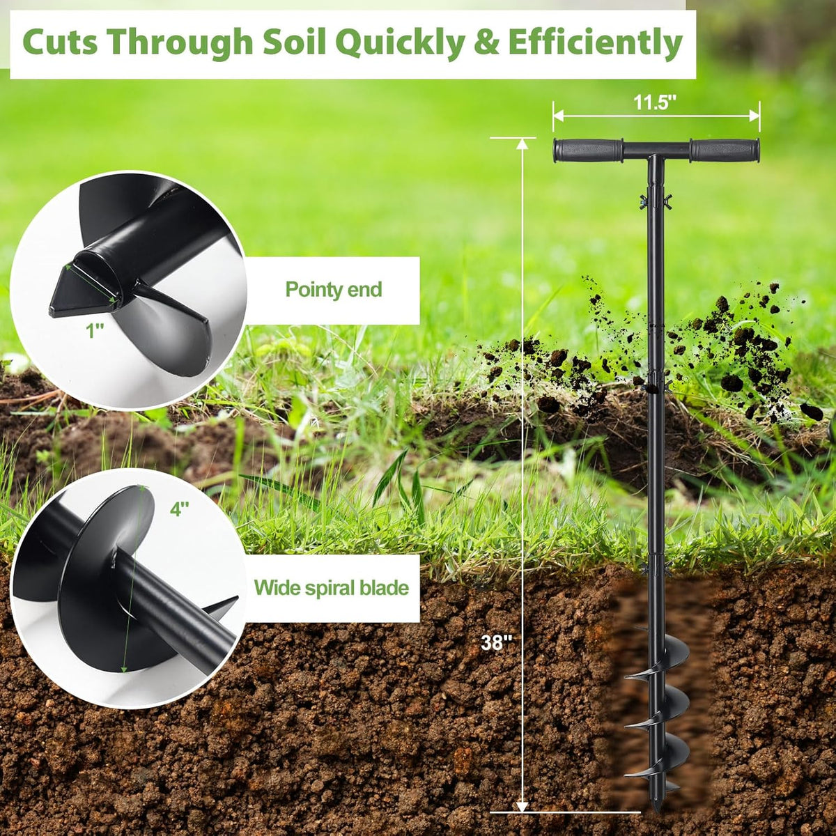 Post Hole Digger, Hand Auger Spiral Drill for Planting, 38 Inch Long Post Hole Digger Manual Earth Auger for Fence Posts, Sand, Bulb, Seedlings, Tree, Mail Box, Non Slip T Handle
