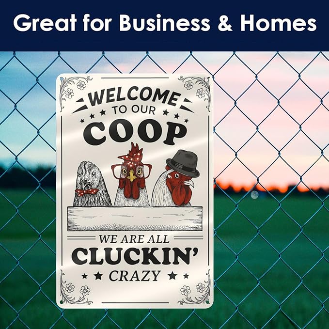 Funny Chicken Coop Sign - "Welcome to Our Coop" Rustic Farmhouse Chicken Decor for Coop or Home, 12" x 8" Metal Tin Sign