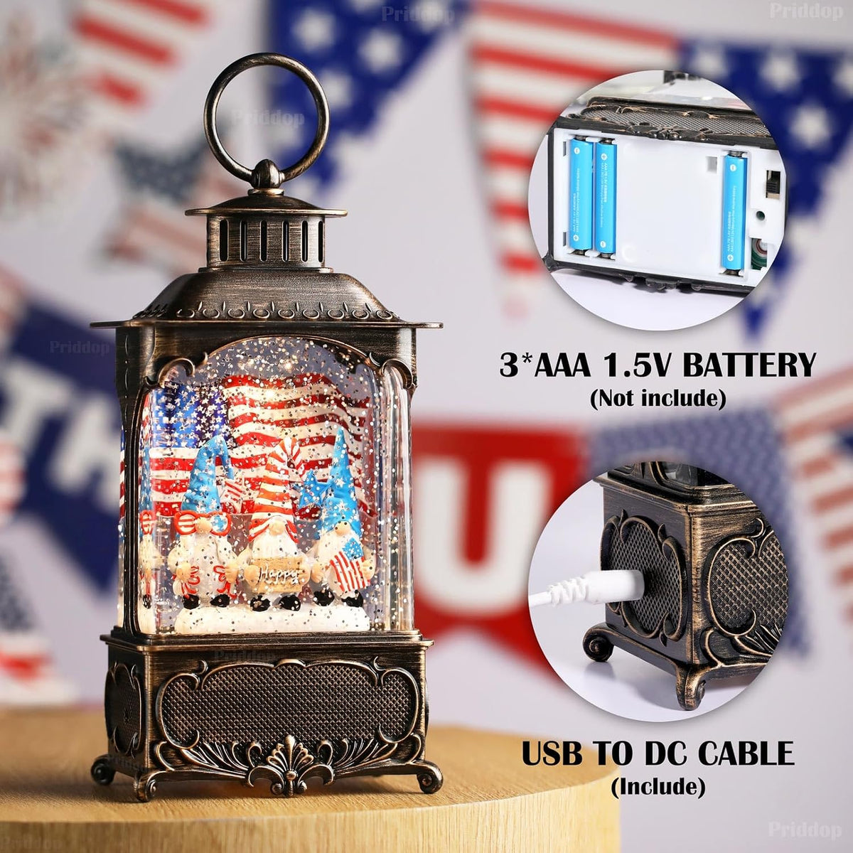 Priddop Gnome Snow Globe Lantern 4th of July Decorations with Timer, USB and Battery Powered 4th of July Shirts Patriotic Gnomes and American Flag Independence Day 10.2 inch