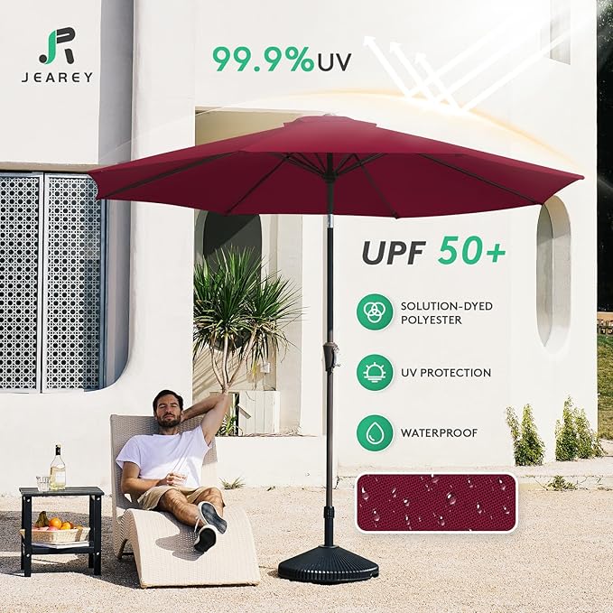 JEAREY 10FT Outdoor Patio Umbrella Outdoor Table Umbrella with Push Button Tilt and Crank, Market Umbrella 8 Sturdy Ribs UV Protection Waterproof for Pool, Garden (Wine Red)