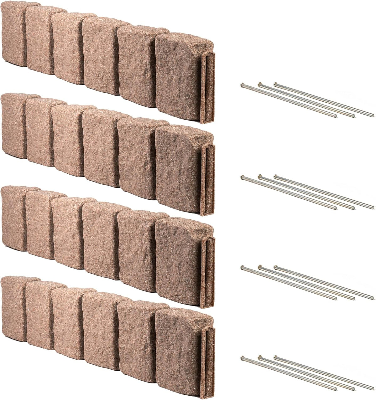 Beuta Landscape Edging | Garden Edging Border | Faux Stone Block XL for Lawn Edging, Flower Beds & Yard Edging – 4 Pack | Each Section Has 6 Blocks 48" L x 4" W x 9.5" H | 12 Spikes | Cobblestone