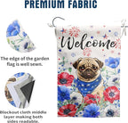 4th of July Pug Garden Flag Red White Blue Floral Dog Yard Flags Small Memorial Independence Day Banner 12x18 Double Sided for Outside Outdoor Patriotic Decor