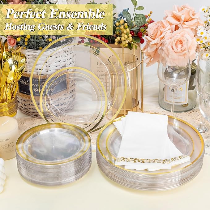 100PCS Clear Gold Plastic Plates Set, 50 10.25 inch Dinner Plates and 50 7.5 inch Dessert Plates, Disposable Plates for Party, Wedding