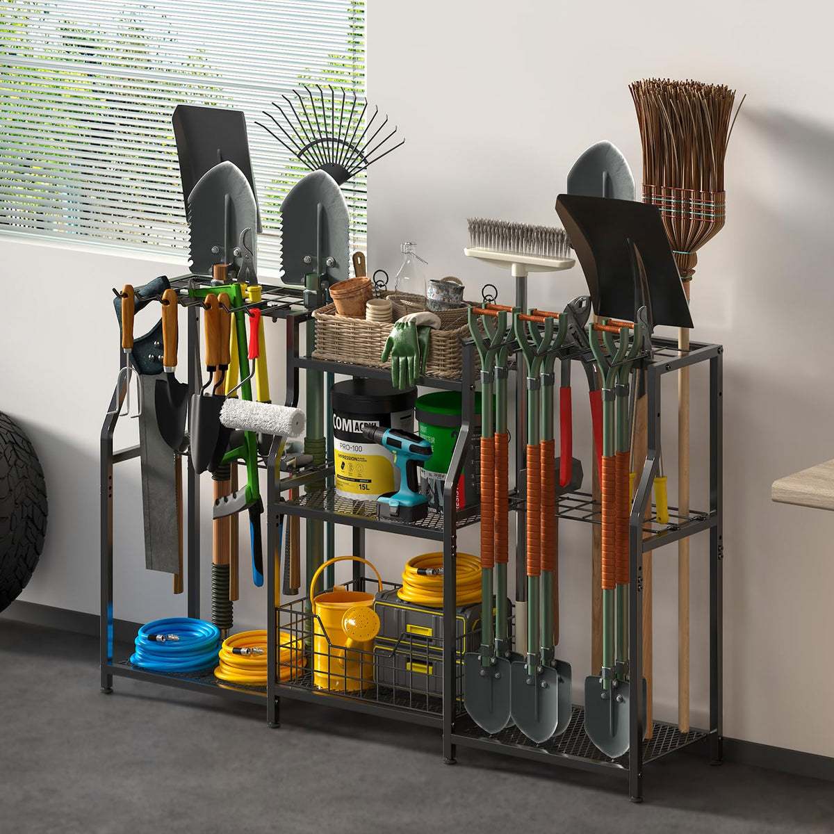 keomaisyto Garden Tool Organizer, Heavy Duty Yard Tool Tower Rack for Garage Organization and Storage, 3 Tier Utility Garden Tool Rack with hooks for Garden/Shed/Garage/Yard/Basement/Lawn