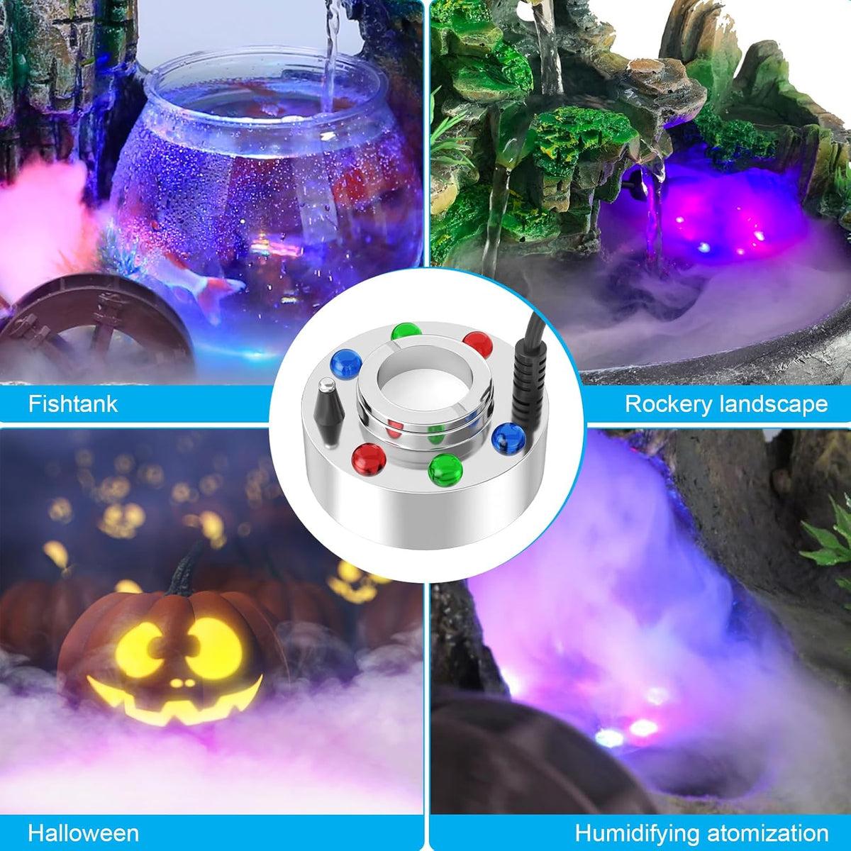 FITNATE High Power Mist Maker, 1500ML/H Large Volume Mist Fogger with 6 LED Light Fog Machine Atomizer for Halloween, Pond, Garden, Rockery,Yard