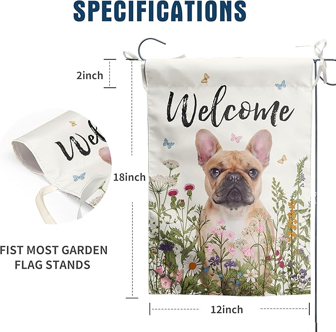 Floral French Bulldog Garden Flag Spring Summer Yard Flag Flower Dog Garden Flags for Outside Small Outdoor Welcome Flags 12x18 Double Sided