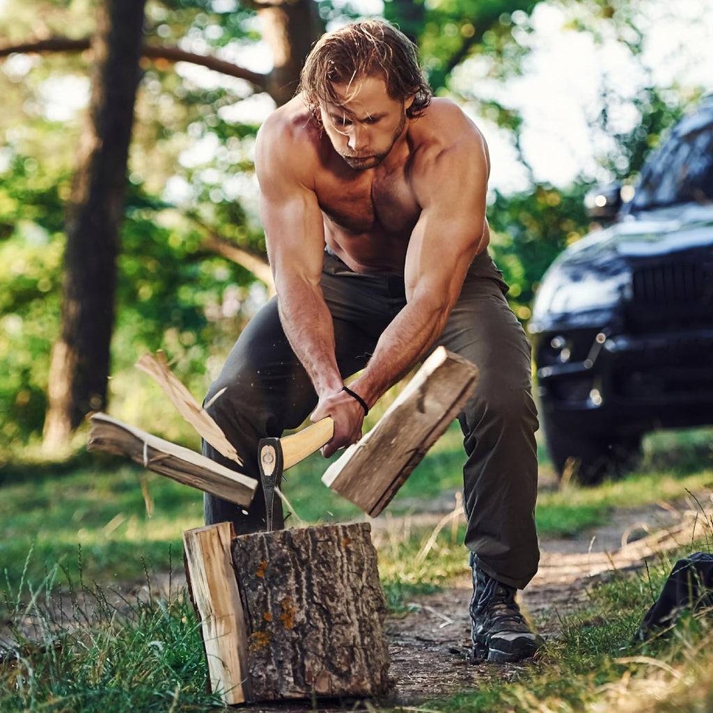 Prandi Axes German C45 Forged Carbon Steel Hatchet - Hickory Handle with Leather String - Ideal for Firewood, Splitting, and Chopping - 23.62" L x 7.36" W, 1000g Head 3.011.10.TH - No Sheath