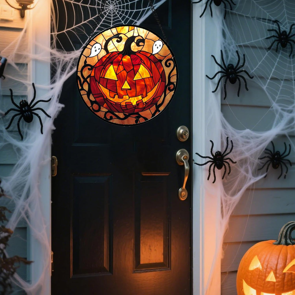 Stained Glass Window Hanging - Halloween Decorations Evil Pumpkin Orange Suncatcher for Doors Garden Indoor Funny Spooky Sun Catchers Gothic Decor Horror Gifts for Women Men Friend 15 in