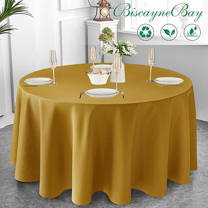 Biscaynebay Textured Fabric Christmas Round Table Cloth 90", Gold Water Resistant Washable Folding Table Covers for Dining, Kitchen, Wedding, Parties Machine Washable