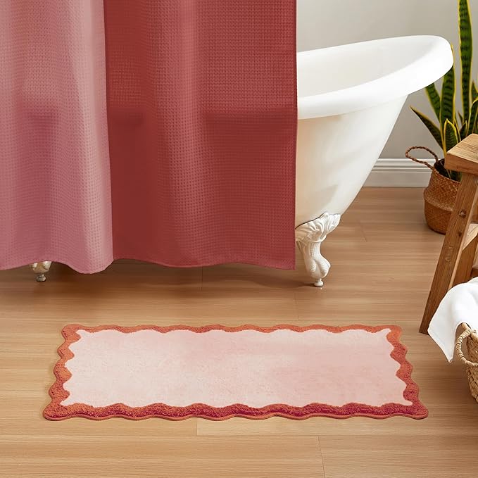 MONDAY MOOSE Bath Mat with Scalloped Wavy Ripple Design, Microfiber Absorbent Non Slip Tufted Rug for Floor, Shower or Kitchen (24x47 inch, Blush)