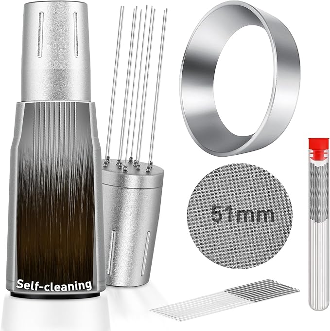WDT Tool Espresso Distributor Accessory kit &1.7mm Thickness 150μm Mesh Puck Screen & 8 Magnets dosing ring Compatible with Breville Portafilter (WDT +51MM silver dosing ring&puck screen)