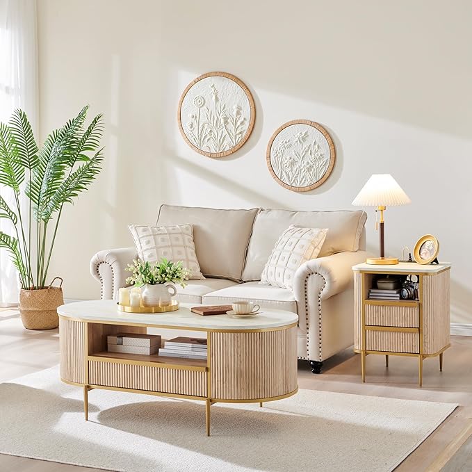 OKD Modern Luxury Fluted Coffee Table, 48" Oval Coffee Table with Drawer, Faux Marble Top, Curved Profile Design, Gold Metal Decor, Center Table for Living Room Natural Oak
