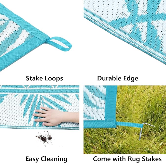 Ileading Outdoor Rug Carpet for Patio 8' x10' Waterproof Reversible Plastic Straw Rug Portable Outside Area Rug Camping Mat for Patio, Clearance, Balcony, Picnic, Pool, Beach, RV, Deck, Teal