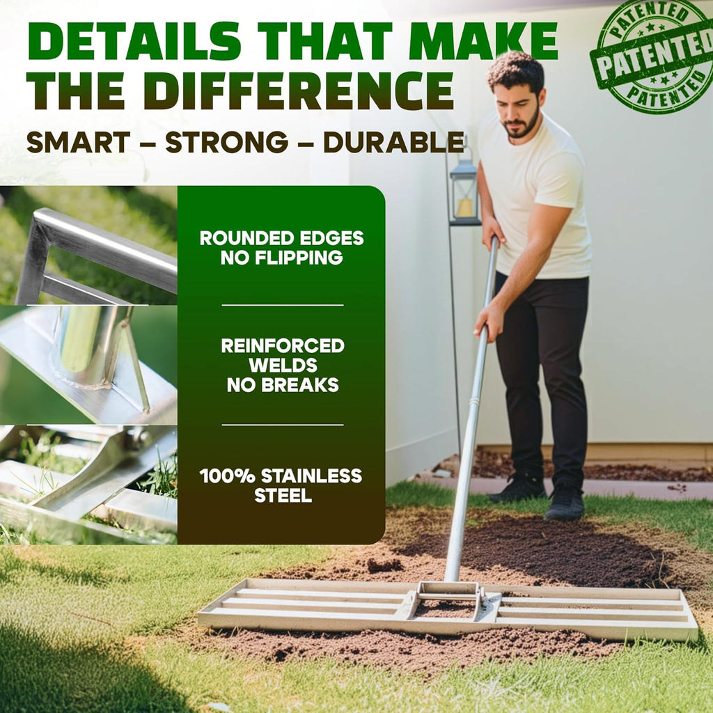 Oris Garden 30" Stainless Steel Lawn Leveling Rake – Adjustable 78" Handle, Ground Leveler