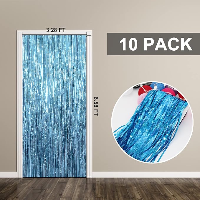 10 Pack Foil Curtain Backdrop Blue Metallic Tinsel Foil Fringe Curtains Photo Booth Props for Birthday Wedding Engagement Baby Shower Bachelorette Christmas Holiday Celebration Party Decorations