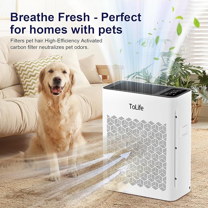 Tolife Air Purifier Large Room, Air Purifiers for Home Pets Hair with Washable Filter, Air Cleaner for Bedroom up to 1095 Ft² Dust Smoke Odor, Sleep Mode, Timer, White