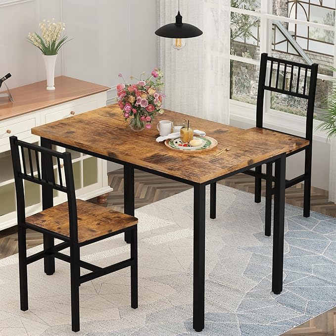 Lamerge Small Kitchen Table Set for 2, Industrial Dining Breakfast Table and 2 Chairs, 3 Pieces Dining Table Set for Dining Room, Living Room, Apartment, Small Space (Retro Brown)