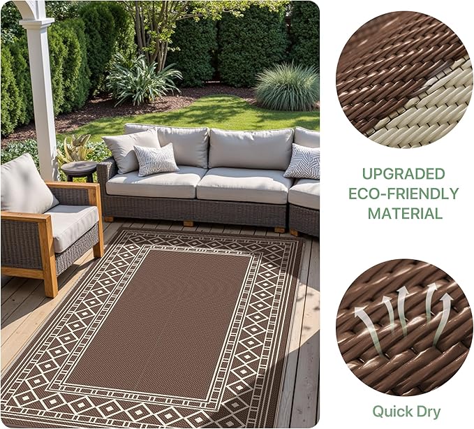 GENIMO Outdoor Rug Waterproof for Patio Decor, 3'x5' Foldable Reversible Plastic Straw Carpet for Porch, Outside Area Mat for Entryway, Rv, Deck, Picnic, Camper, Balcony, Beach, Coffee & Beige