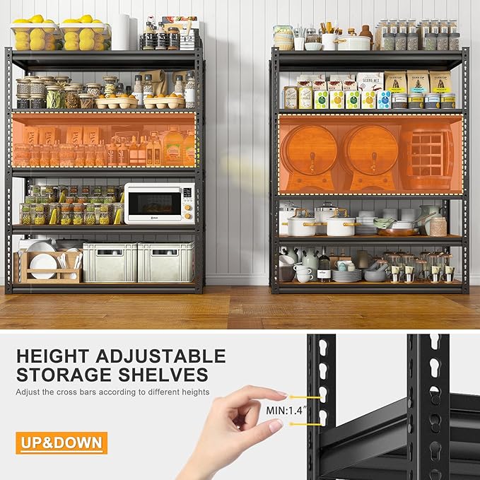REIBII Garage Shelving 2500LBS Storage Shelves Adjustable Metal Shelving Heavy Duty Shelving 65.7" H Metal Shelves for Pantry Kitchen 15.35" D x 33.85" W x 65.74" H Black