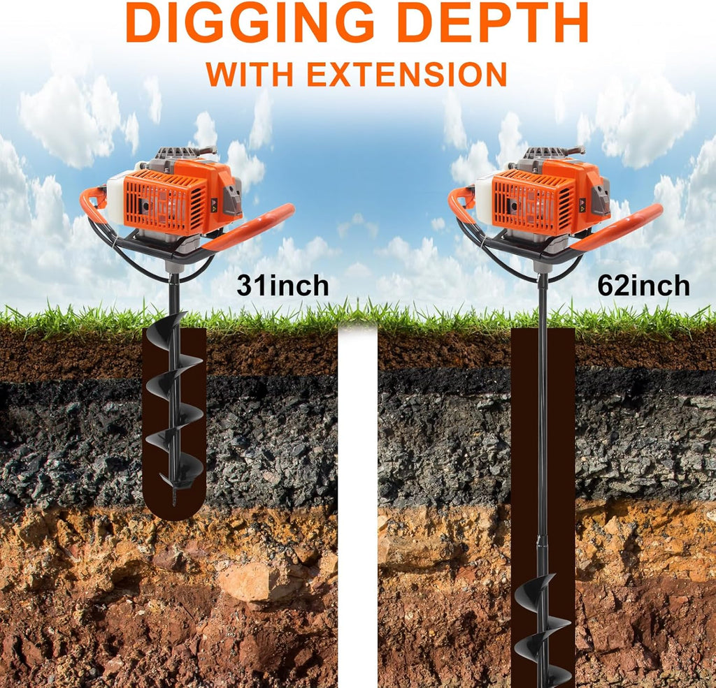 72CC Newly Upgraded Post Hole Digger Gas Powered, 2 Stroke Auger Post Hole Digger with 3 Drill Bits (4" &6" & 12") + 2 Extension Rod for Planting - Ideal for Farm & Garden