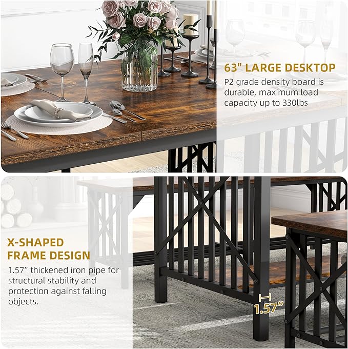 DWVO 3-Piece Dining Table Set for 4-6 People, 63" Dining Room Table with 2 Benches, Industrial Rectangular Dining Room Table Set with Storage for Kitchen, Dining Room, Rustic Brown