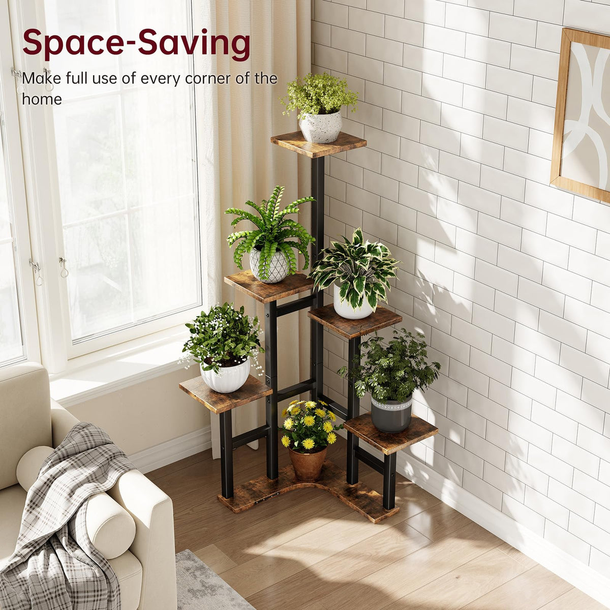 Yzosvki Corner Plant Stand Indoor, 6 Tiered Corner Plant Shelf Flower Stand for Multiple Plants, Plant Shelves Organizer Rack for Living Room, Balcony, Patio, Garden, Square Rustic Brown
