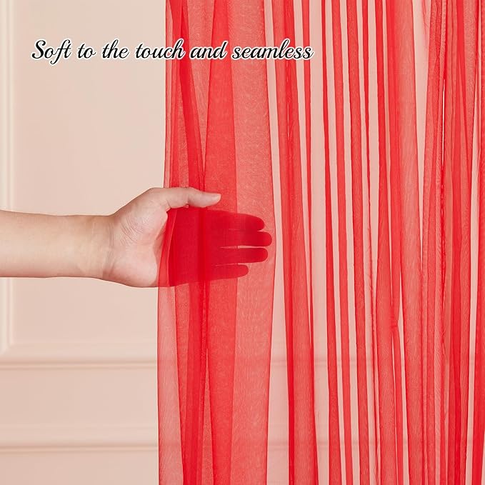 30×10ft Red Tulle Backdrop Curtain with Lights String for Parties, Sheer Photo Backdrop Curtains for Wedding Party Photography Background