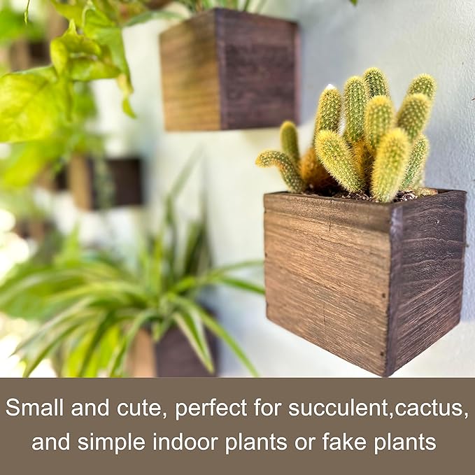 LaLaGreen Wood Planter Boxes (4x4 Inch, 4 Pack) Small Square Wooden Wall Mounted Flower Pot for Indoor Plants, Window Box Mount Hanging Herb Planters Outdoor Plant Holder Vertical Garden Home Decor