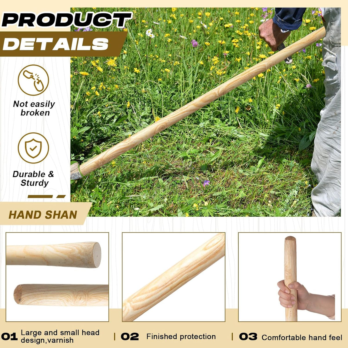 Lasnten 2 Pcs 55 Inch Pure Solid Wood Replacement Hoe Handle for Garden Digging Spading Fork, Shovel Handle Replacement, 1.38-1.77 Inch Diameter