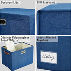 17" Large Collapsible Storage Bins with Lids, Stackable Closet Organizers with PU Handle and Labels, 3-Pack Decorative Fabric Storage Boxes for Home, Bedroom, Closet, Office, Nursery(Navy)