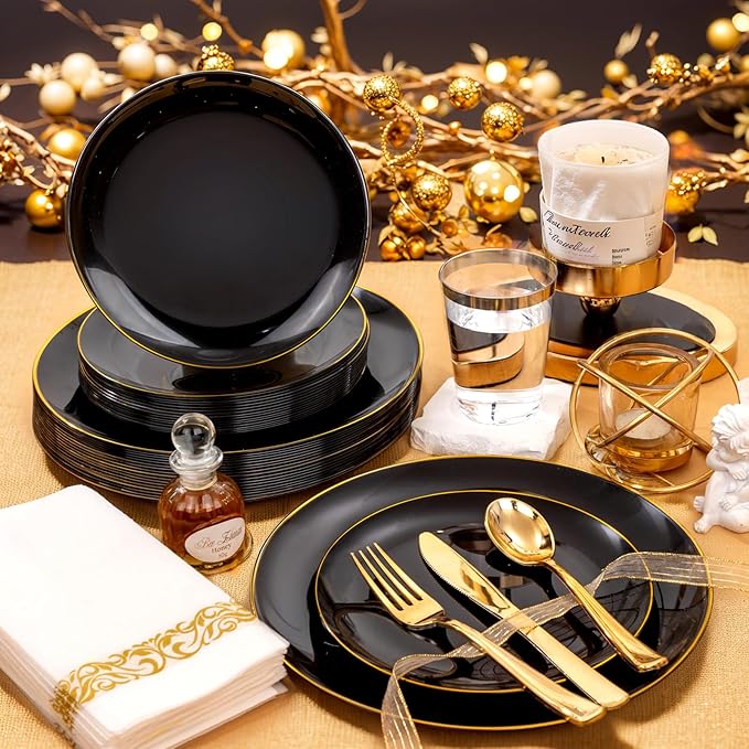 Supernal 350pcs Black & Gold Plastic Dinnerware Set, Elegant Black Plates with Golden Edges, Gold Plastic Silverware, Durable Tableware Perfect for Birthdays, Parties, Wedding, Celebration