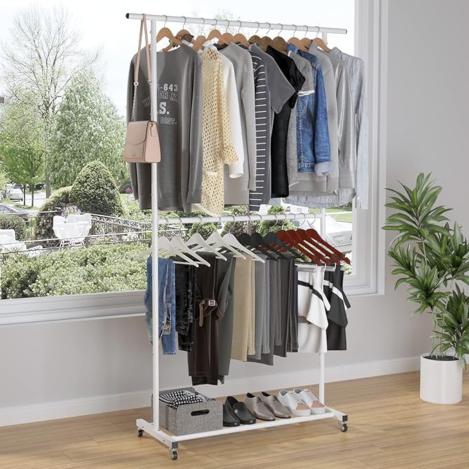 Sywhitta Double Rod Clothing Garment Rack, Rolling Clothes Organizer on Wheels for Hanging Clothes, Easy to Assemble, Adjustable, White