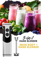 MegaWise Stainless Steel Titanium Reinforced 3-in-1 Immersion Hand Blender, Powerful with 80% Sharper Blades, 12-Speed Corded Blender, Including Whisk and Milk Frother (3-in 1 Black)